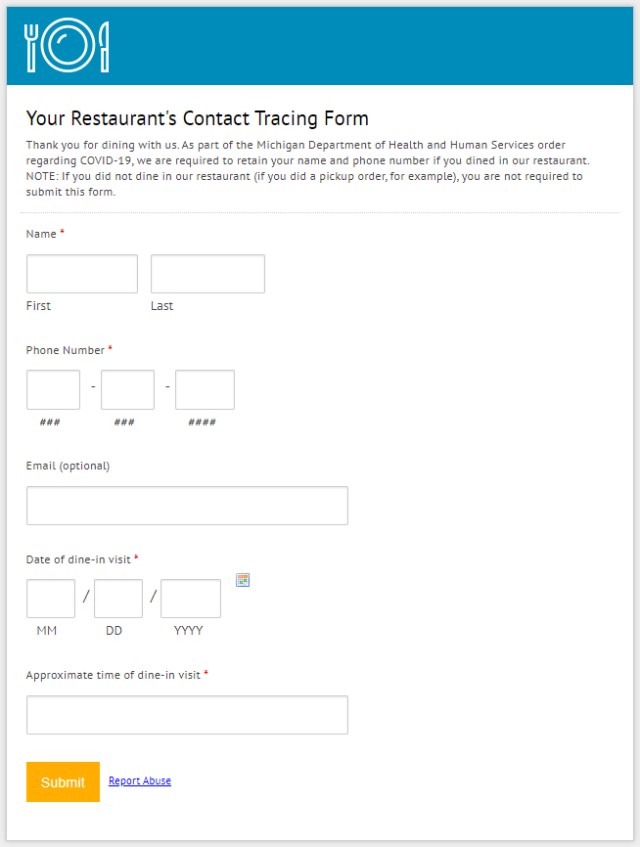 Michigan COVID-19 Coronavirus Restaurant Contact Tracing Form
